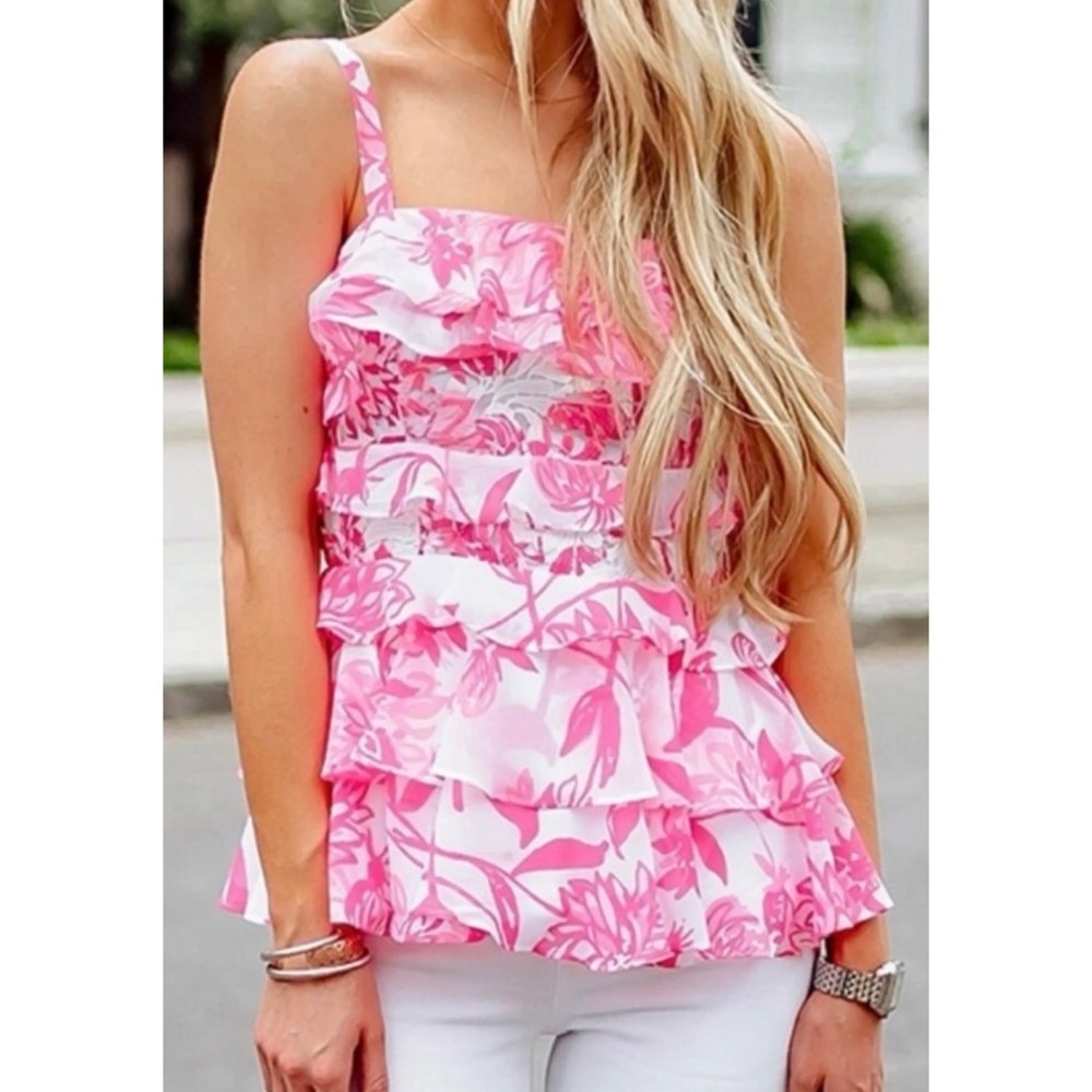 NWT Lilly Pulitzer Olive Top Pink Resort White Caliente Tiered Ruffle‎ Size 10